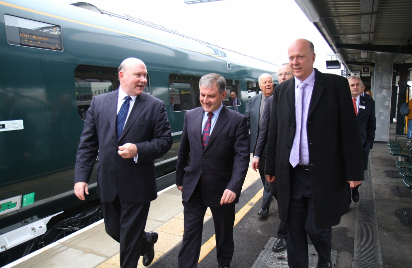 Secretary of State for Transport, Chris Grayling MP speaking with Jack Lopresti MP and West of England Mayor Tim Bowles on the opening of Platform 1, Bristol Parkway