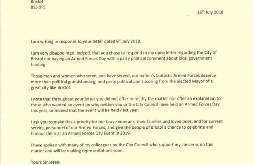 2nd letter to the elected Mayor of Bristol, re Armed Forces Day