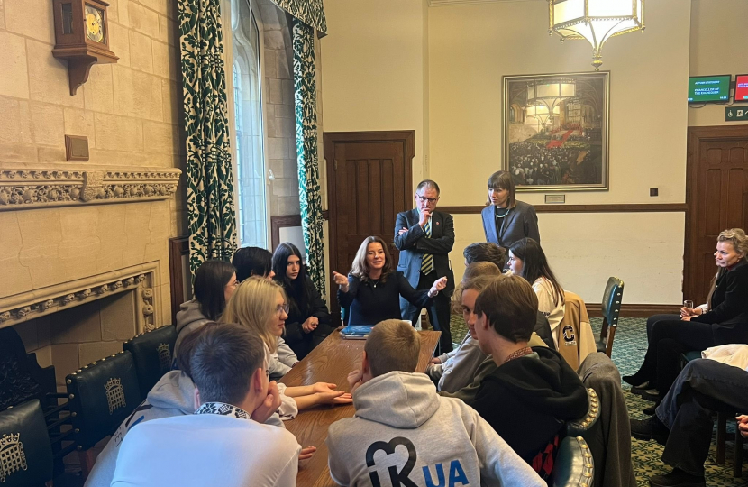 Jack Lopresti MP with Secretary of State for Education, Gillian Keegan, and young Ukrainians.